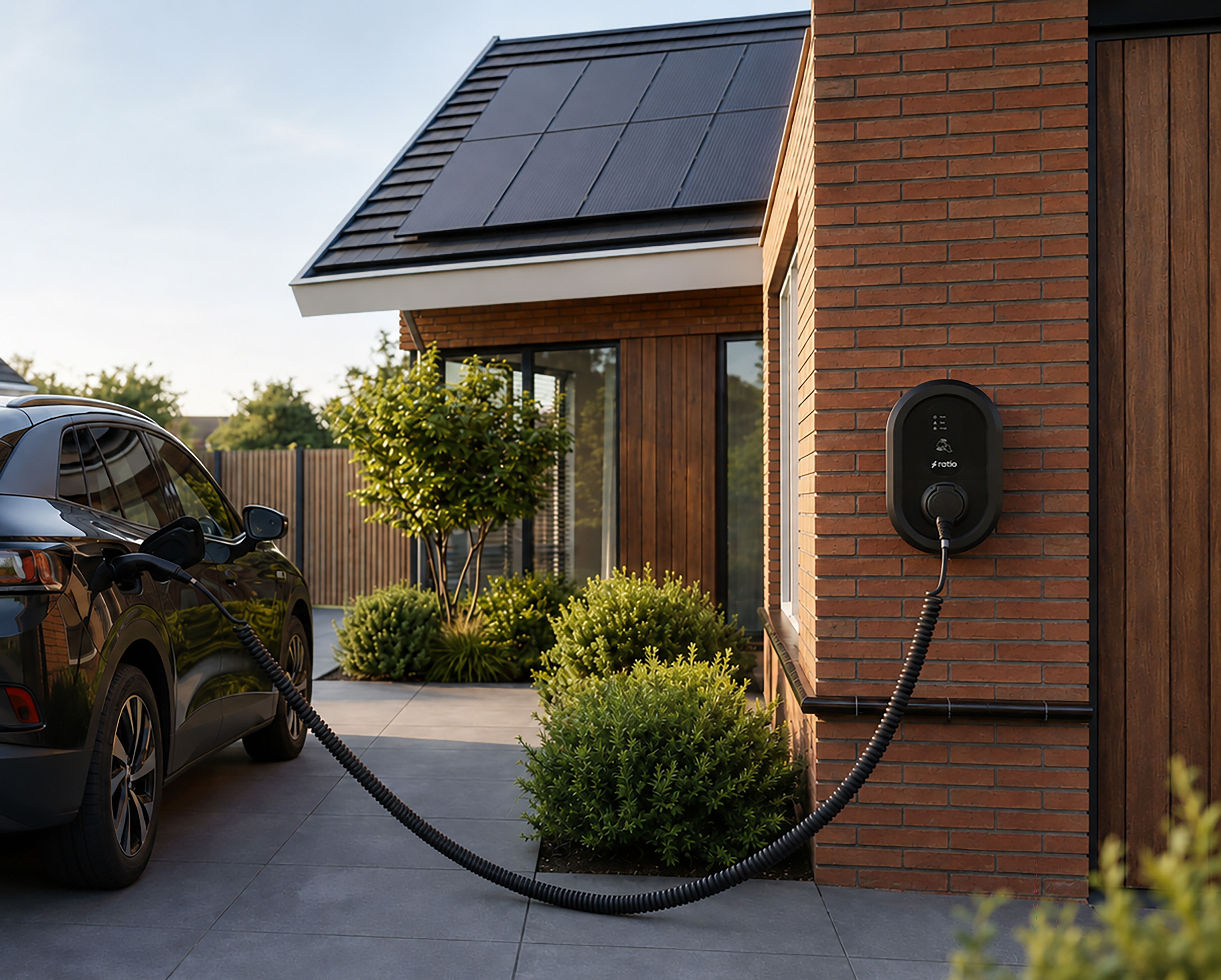 Elektrische auto bij een woning met zonnepanelen en Ratio laadpaal