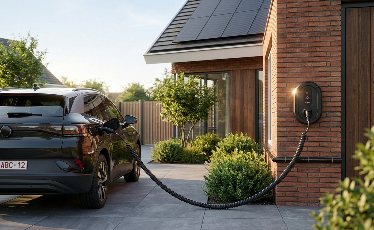 Elektrische auto aangesloten op Ratio laadpaal met laadkabel