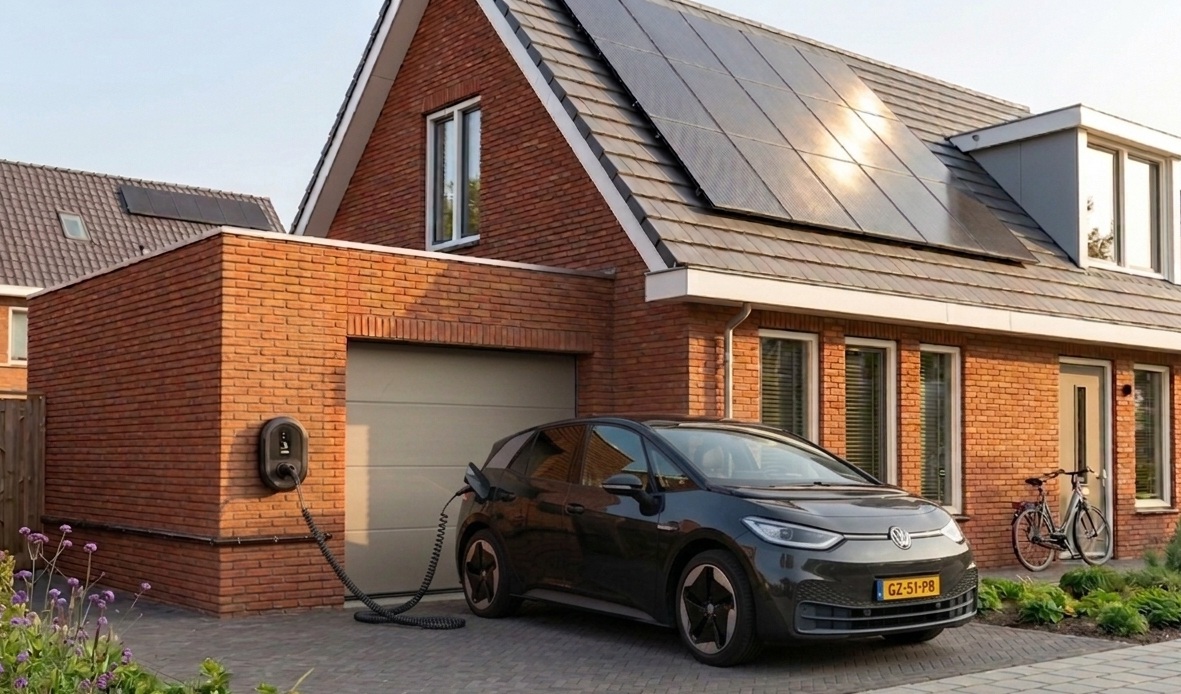 Elektrische auto wordt thuis opgeladen met zonnepanelen op het dak